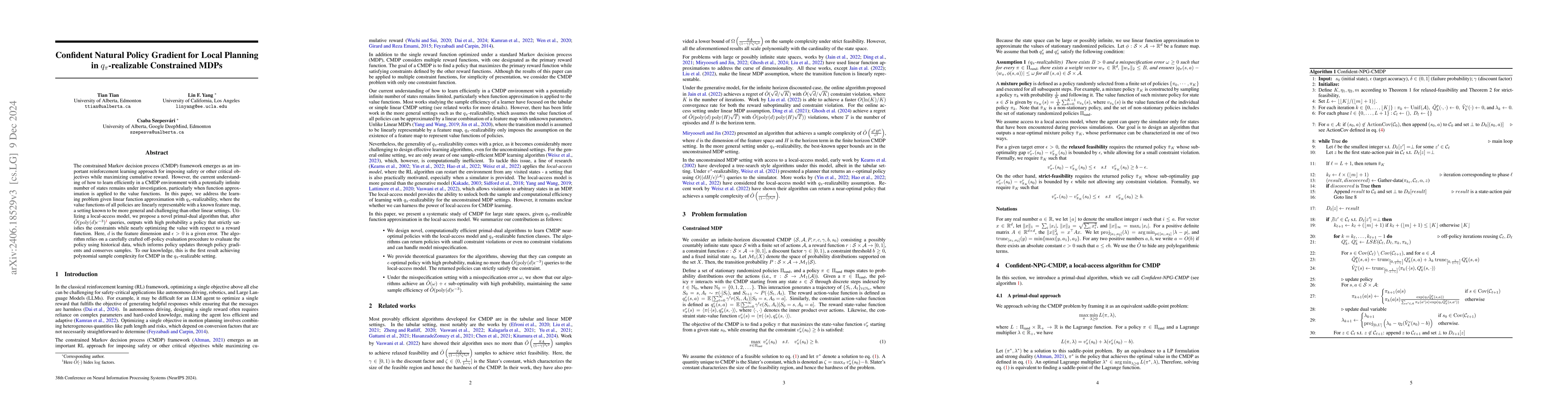 Thumbnail for Confident Natural Policy Gradient for Local Planning in
  $q_π$-realizable Constrained MDPs