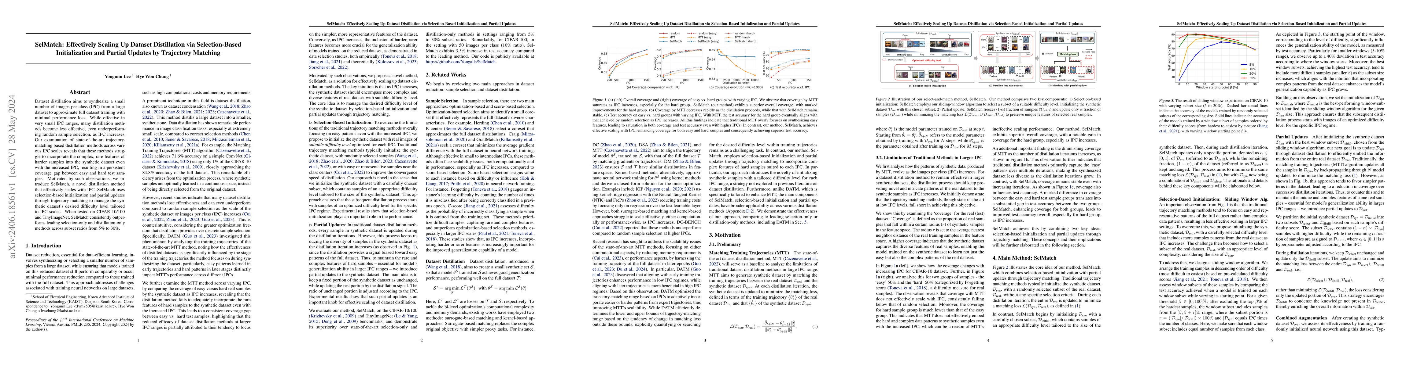 Thumbnail for SelMatch: Effectively Scaling Up Dataset Distillation via
  Selection-Based Initialization and Partial Updates by Trajectory Matching