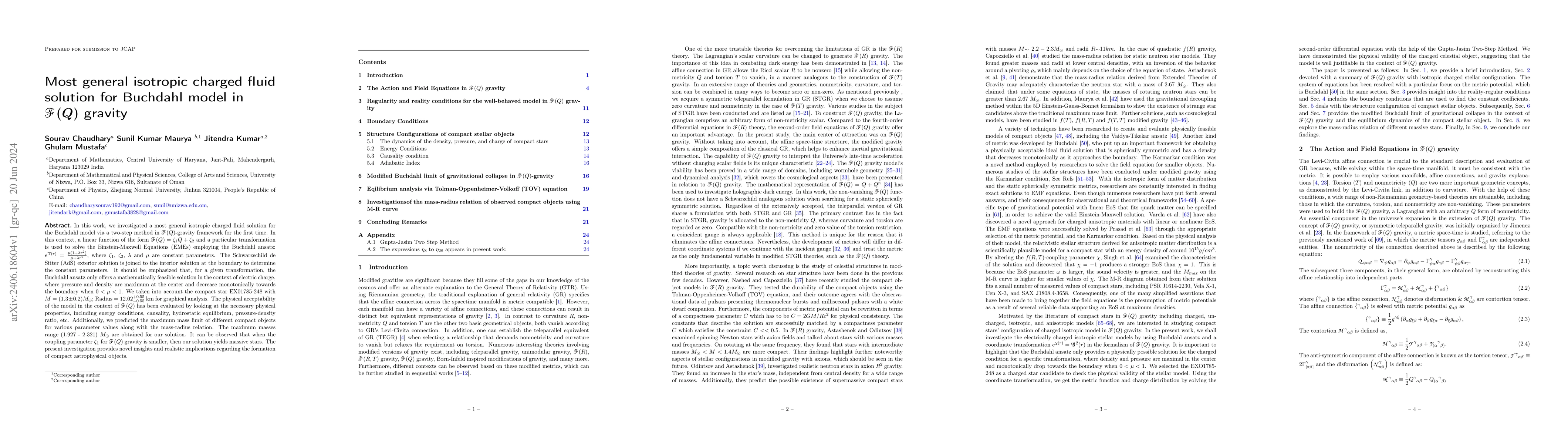 Thumbnail for Most general isotropic charged fluid solution for Buchdahl model in
  $\mathscr{F}(Q)$ gravity