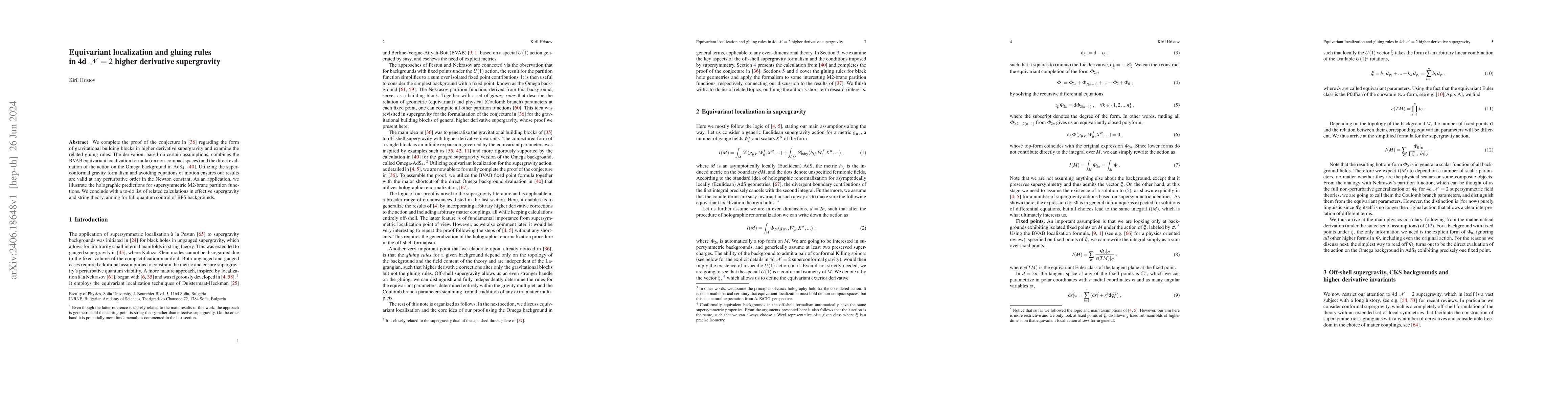 Thumbnail for Equivariant localization and gluing rules in 4d $\mathcal{N}=2$ higher
  derivative supergravity