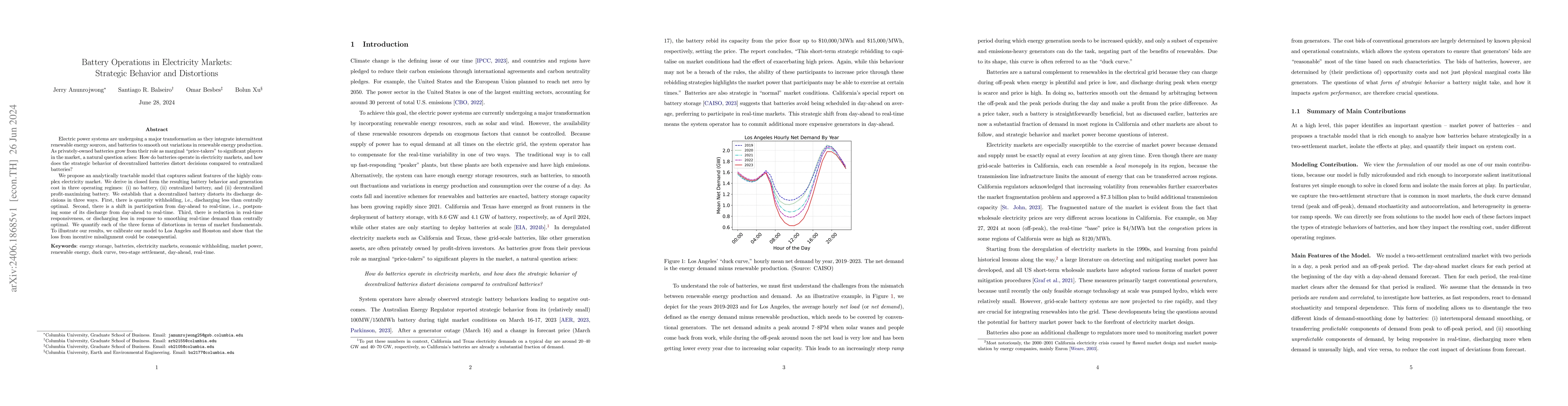 Thumbnail for Battery Operations in Electricity Markets: Strategic Behavior and
  Distortions
