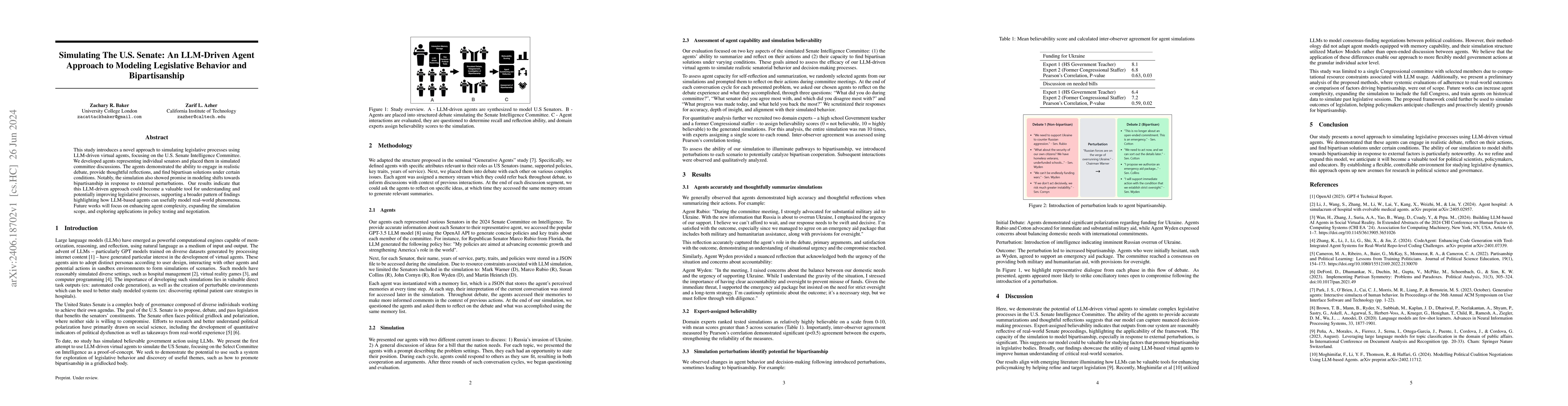 Thumbnail for Simulating The U.S. Senate: An LLM-Driven Agent Approach to Modeling
  Legislative Behavior and Bipartisanship