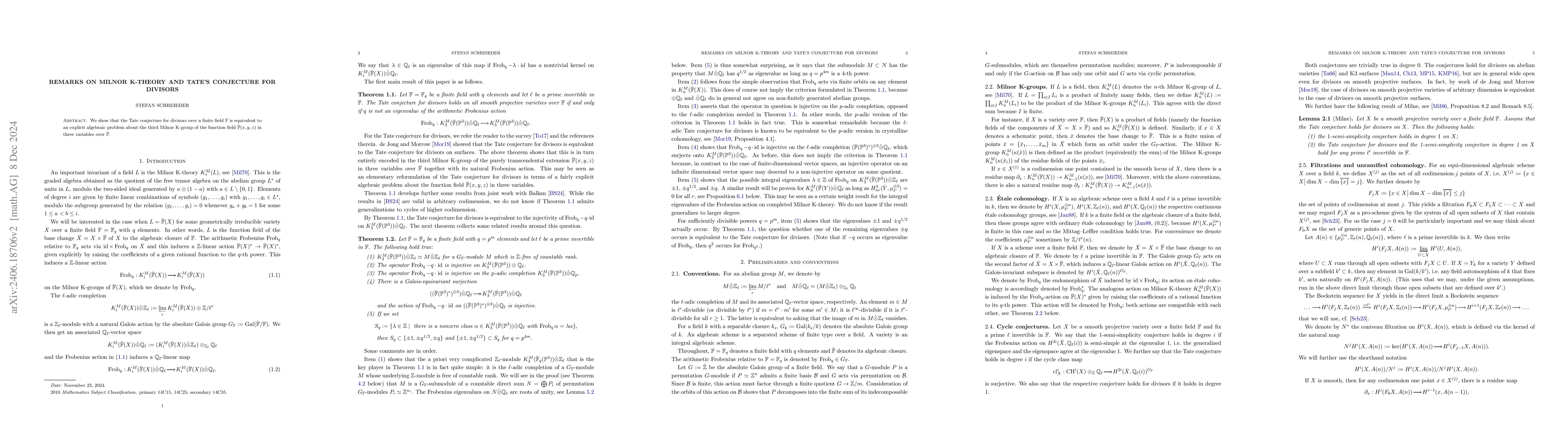 Thumbnail for Remarks on Milnor K-theory and Tate's conjecture for divisors
