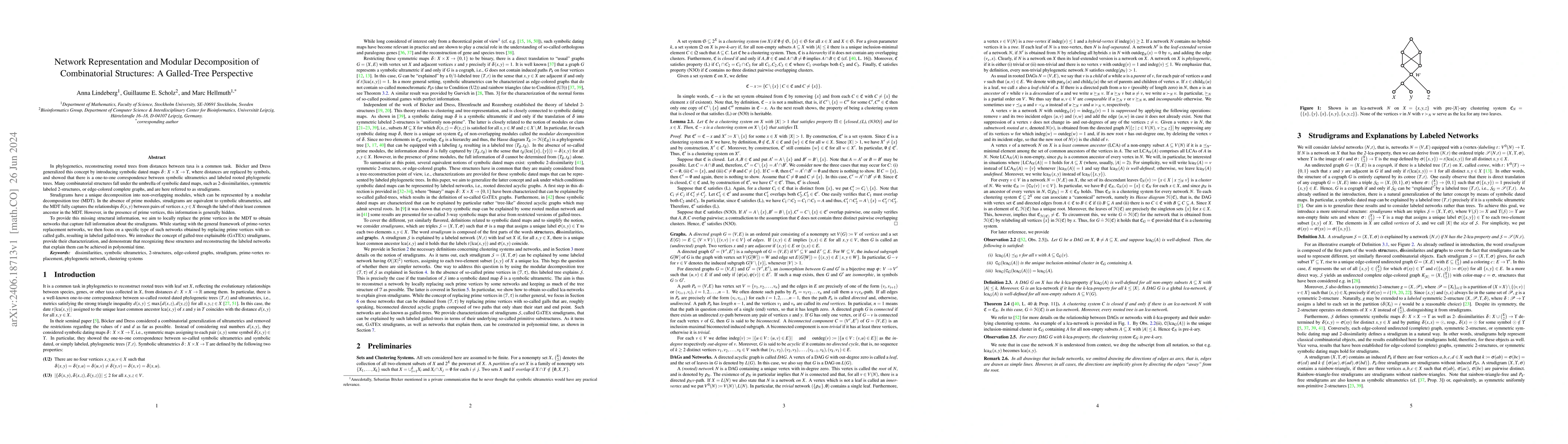 Thumbnail for Network Representation and Modular Decomposition of Combinatorial
  Structures: A Galled-Tree Perspective