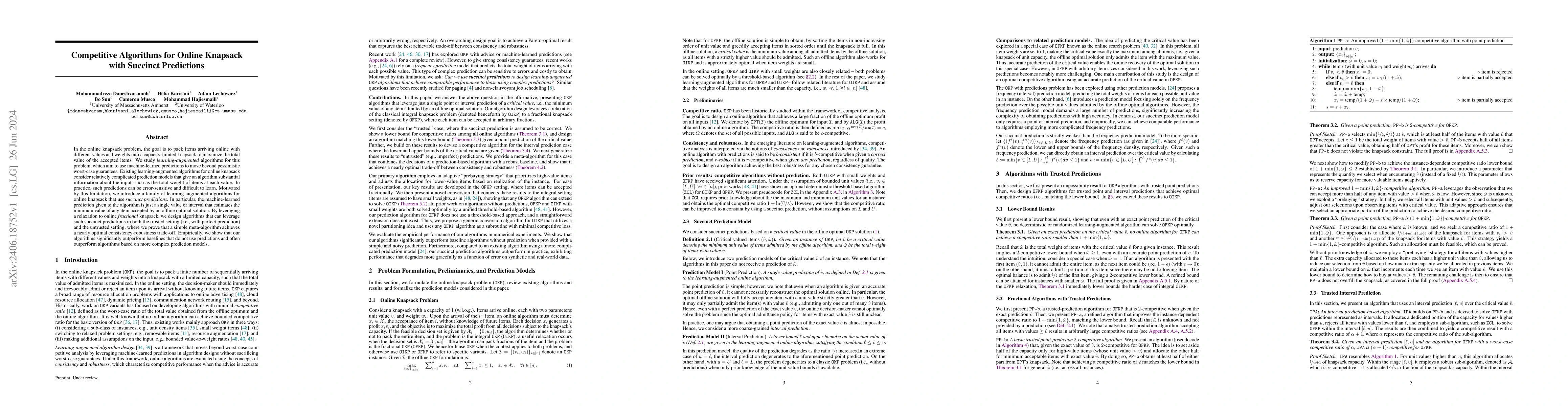 Thumbnail for Competitive Algorithms for Online Knapsack with Succinct Predictions
