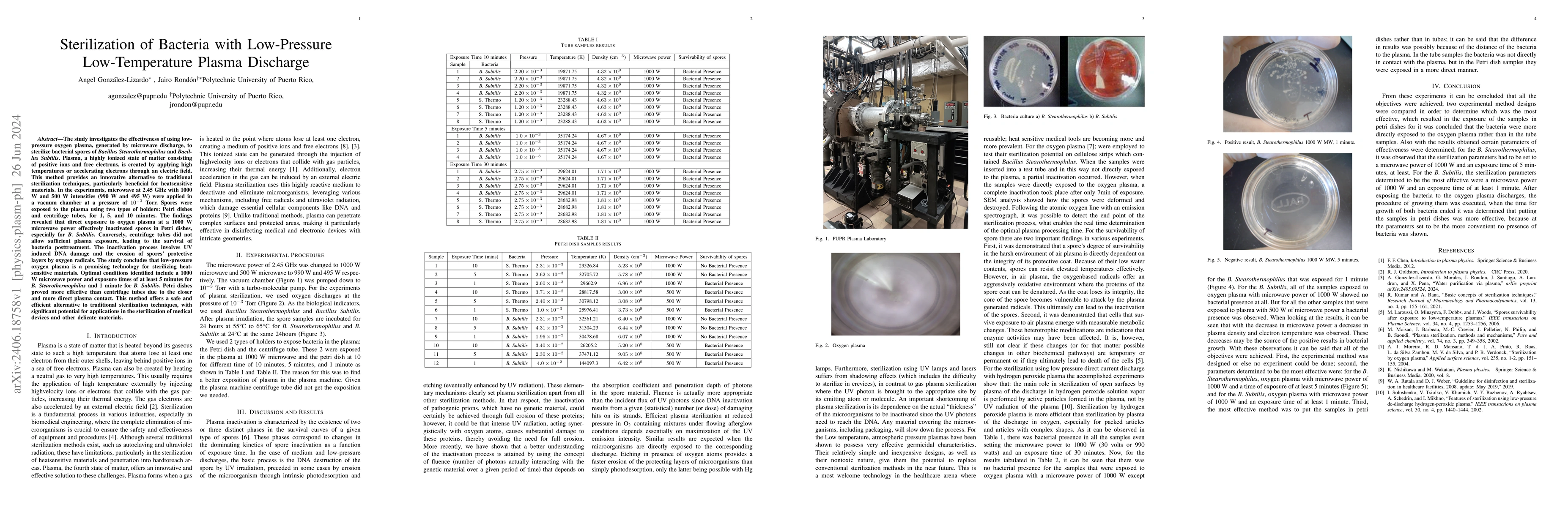 Thumbnail for Sterilization of Bacteria with Low-Pressure Low-Temperature Plasma
  Discharge