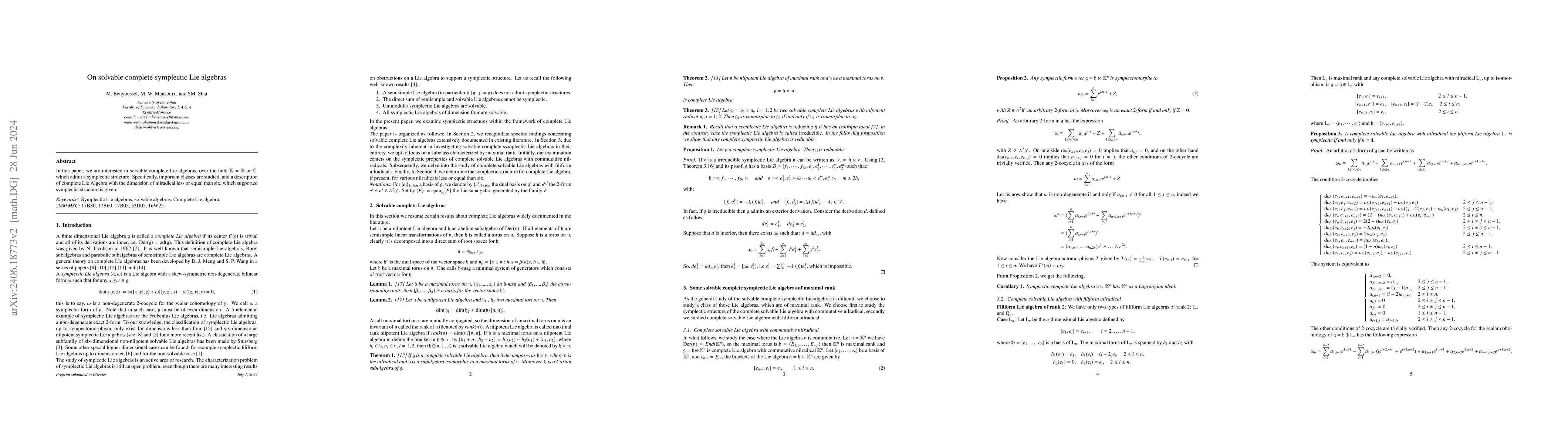 Thumbnail for On solvable complete symplectic Lie algebras