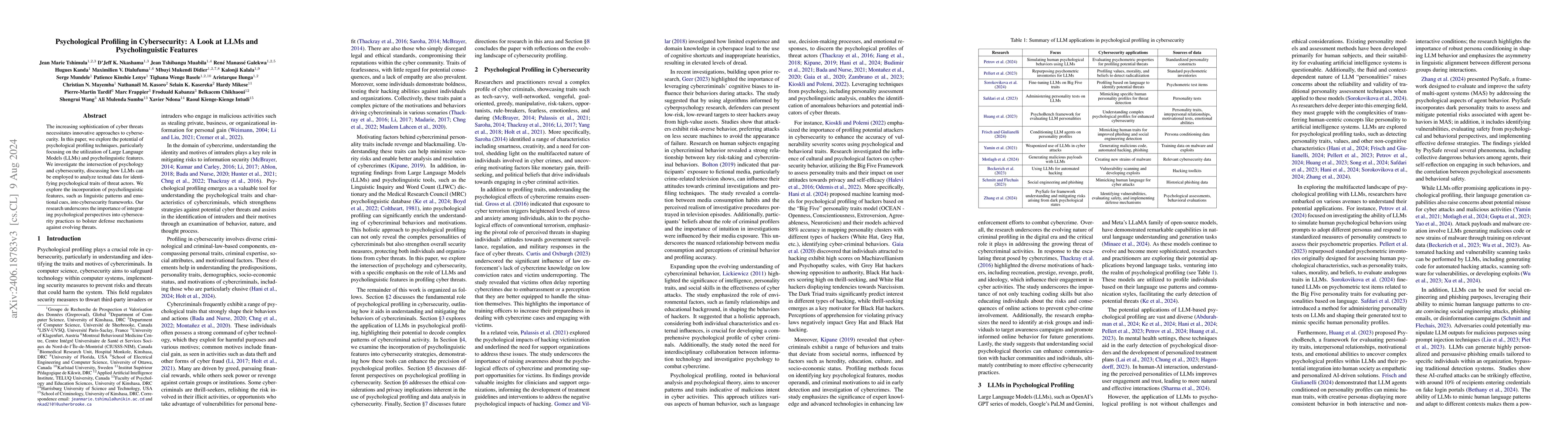 Thumbnail for Psychological Profiling in Cybersecurity: A Look at LLMs and
  Psycholinguistic Features