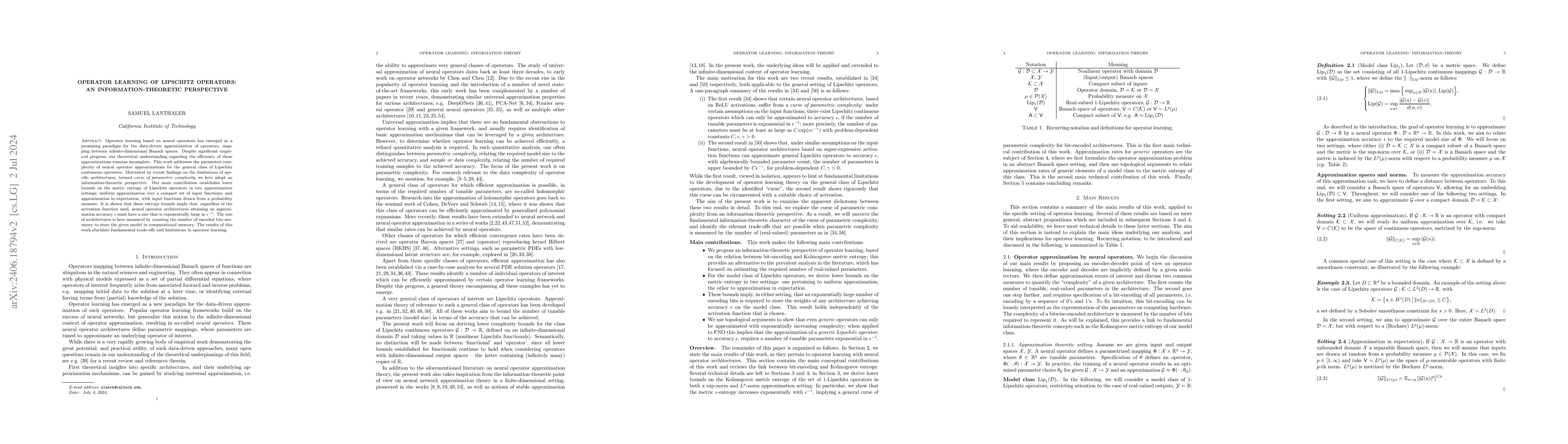 Thumbnail for Operator Learning of Lipschitz Operators: An Information-Theoretic
  Perspective