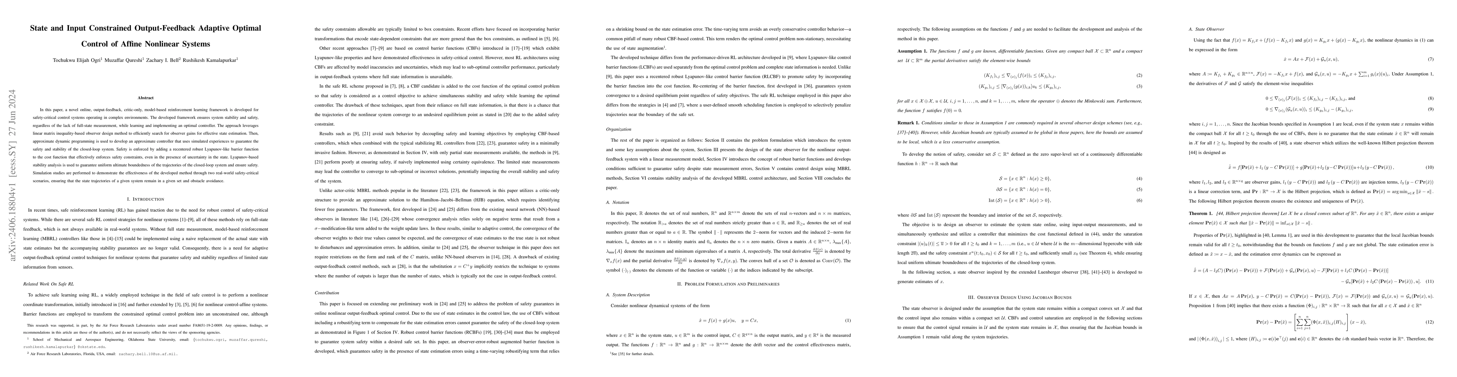 Thumbnail for State and Input Constrained Output-Feedback Adaptive Optimal Control of
  Affine Nonlinear Systems