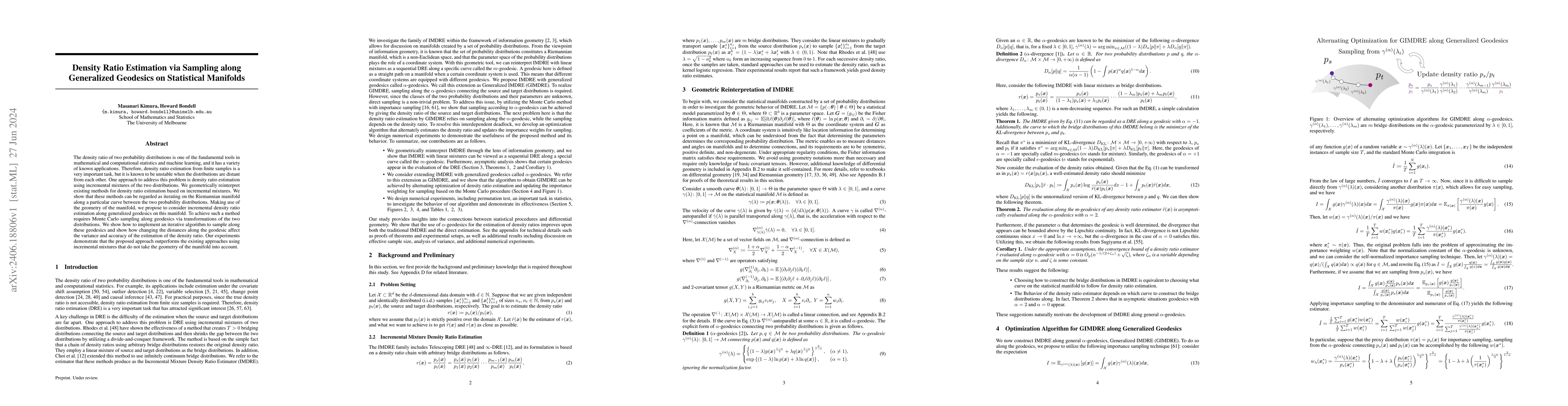 Thumbnail for Density Ratio Estimation via Sampling along Generalized Geodesics on
  Statistical Manifolds