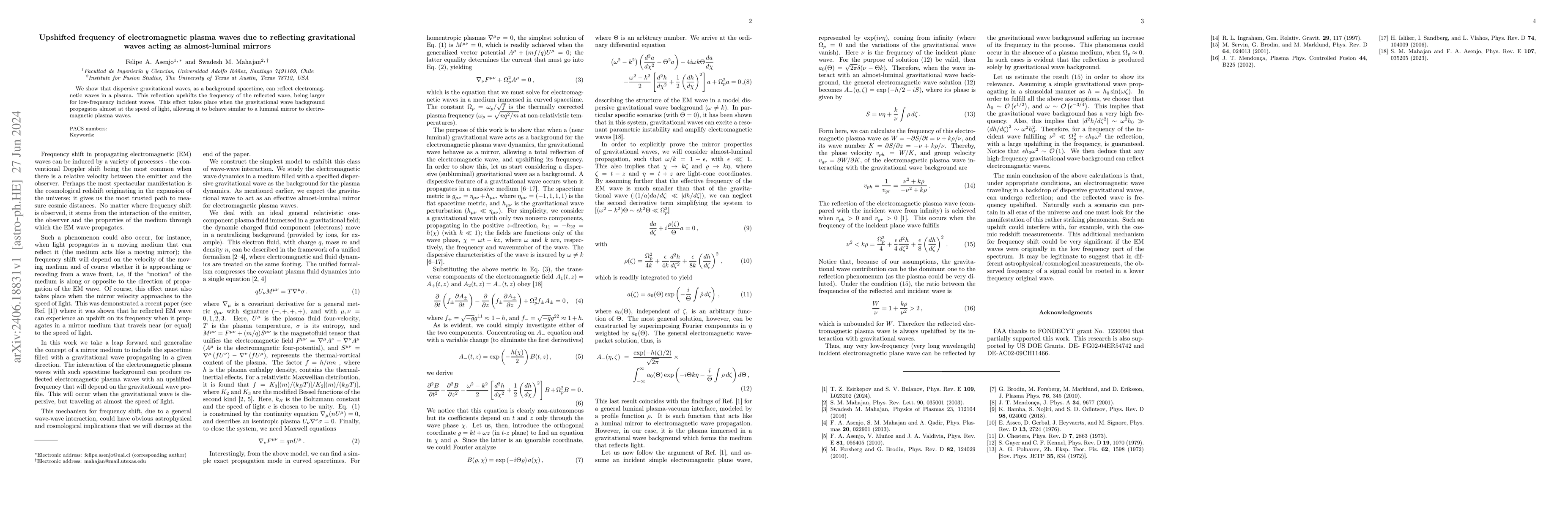 Thumbnail for Upshifted frequency of electromagnetic plasma waves due to reflecting
  gravitational waves acting as almost-luminal mirrors