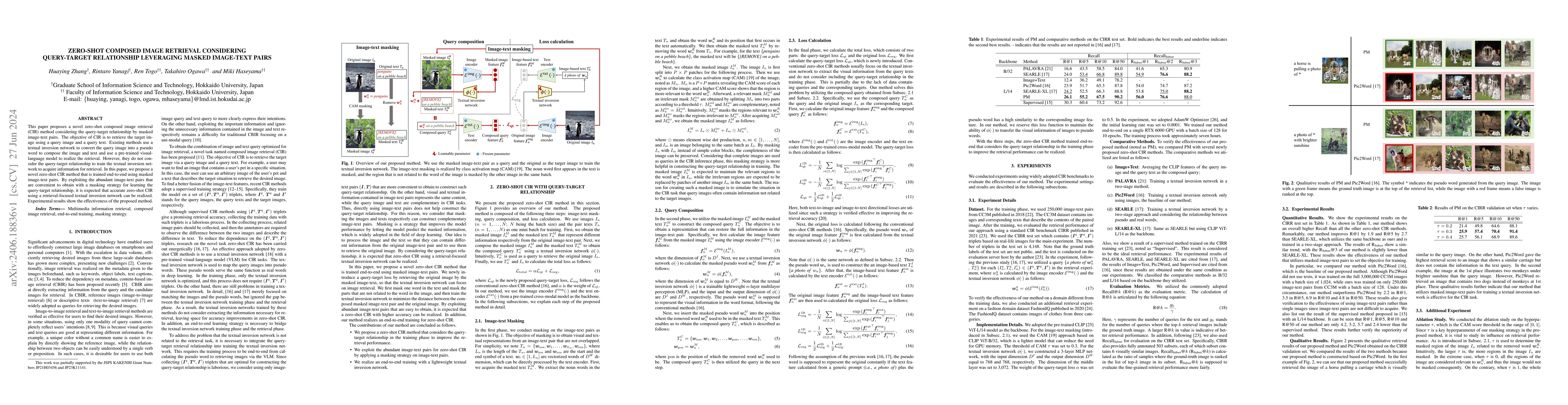 Thumbnail for Zero-shot Composed Image Retrieval Considering Query-target Relationship
  Leveraging Masked Image-text Pairs