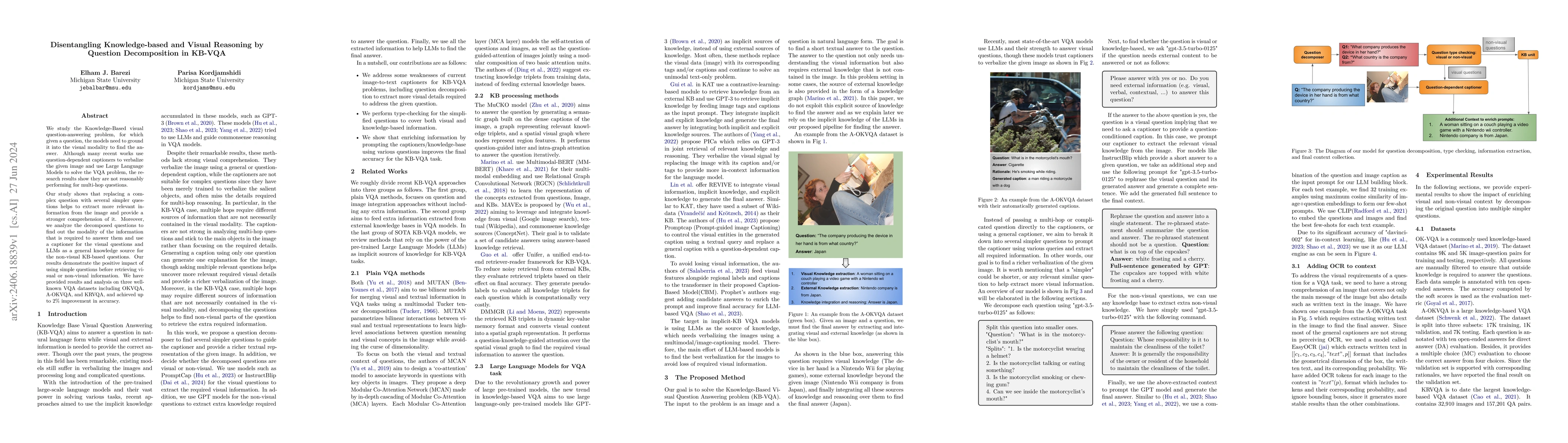 Thumbnail for Disentangling Knowledge-based and Visual Reasoning by Question
  Decomposition in KB-VQA