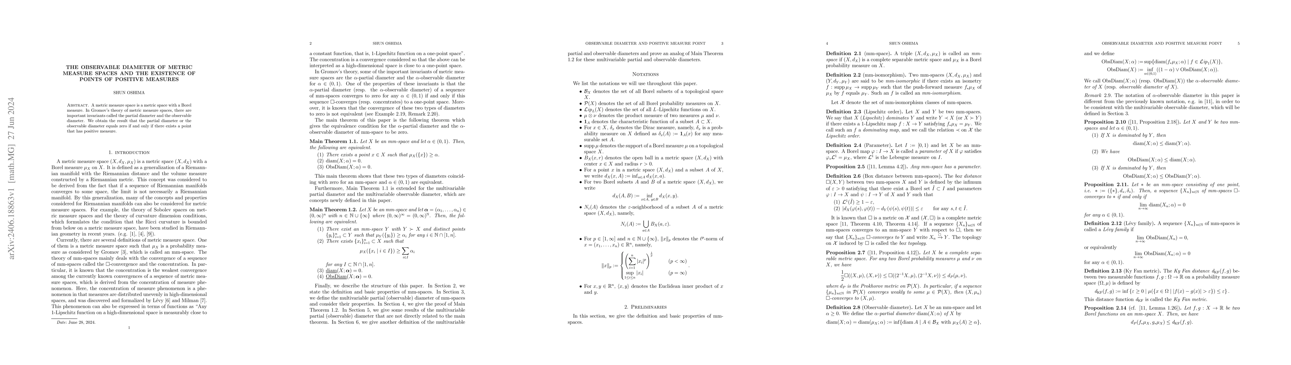 Thumbnail for The observable diameter of metric measure spaces and the existence of
  points of positive measures