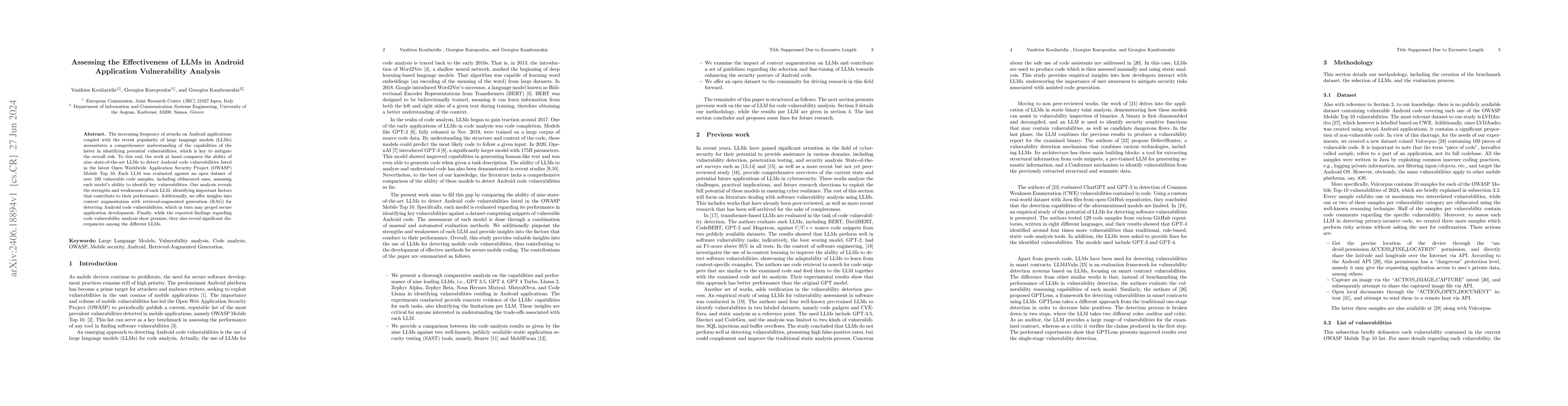 Thumbnail for Assessing the Effectiveness of LLMs in Android Application Vulnerability
  Analysis