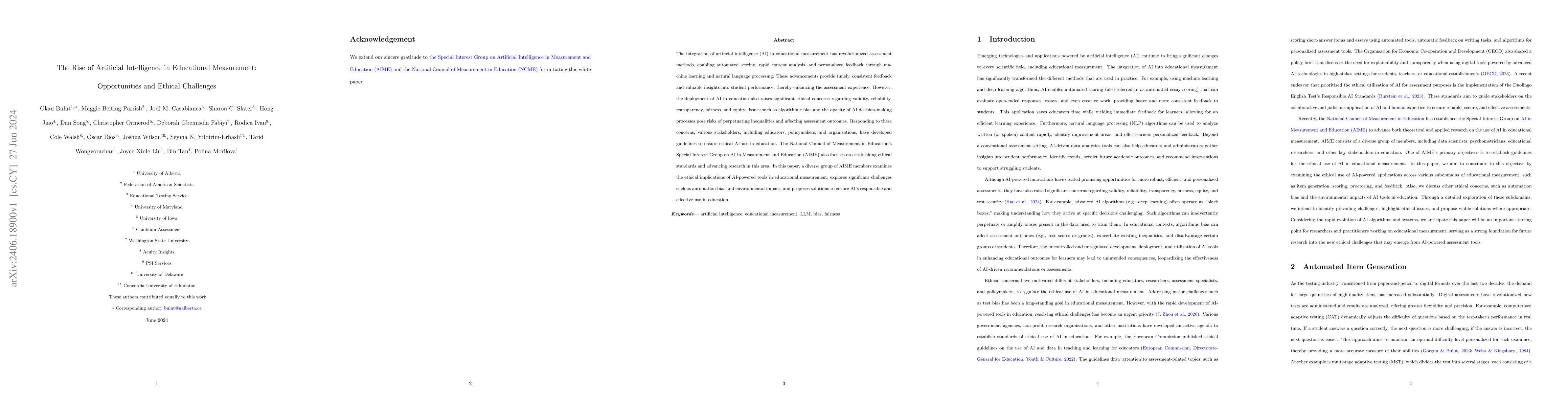 Thumbnail for The Rise of Artificial Intelligence in Educational Measurement:
  Opportunities and Ethical Challenges