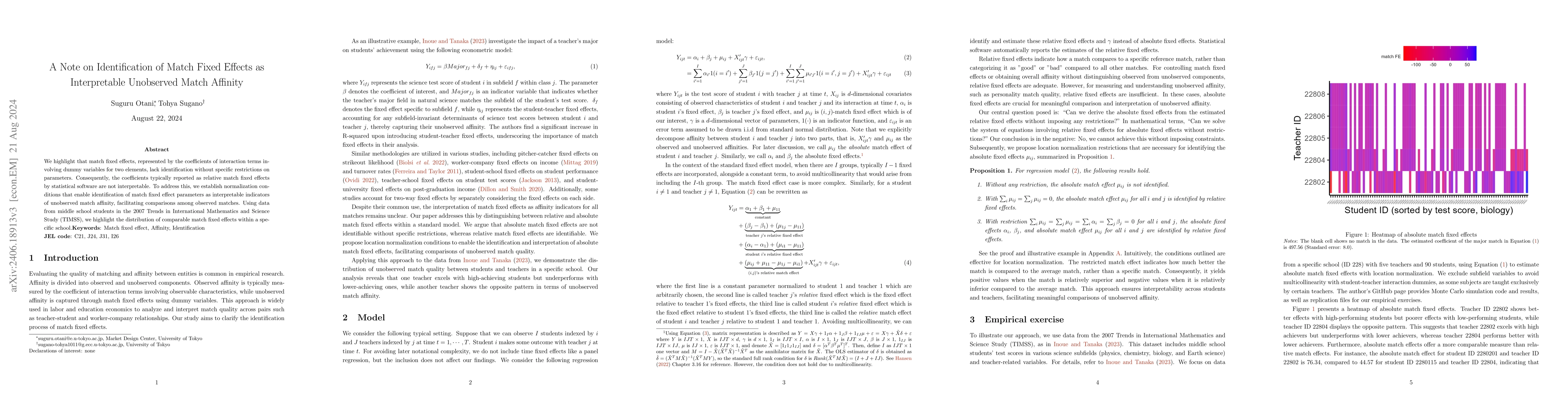 Thumbnail for A Note on Identification of Match Fixed Effects as Interpretable
  Unobserved Match Affinity