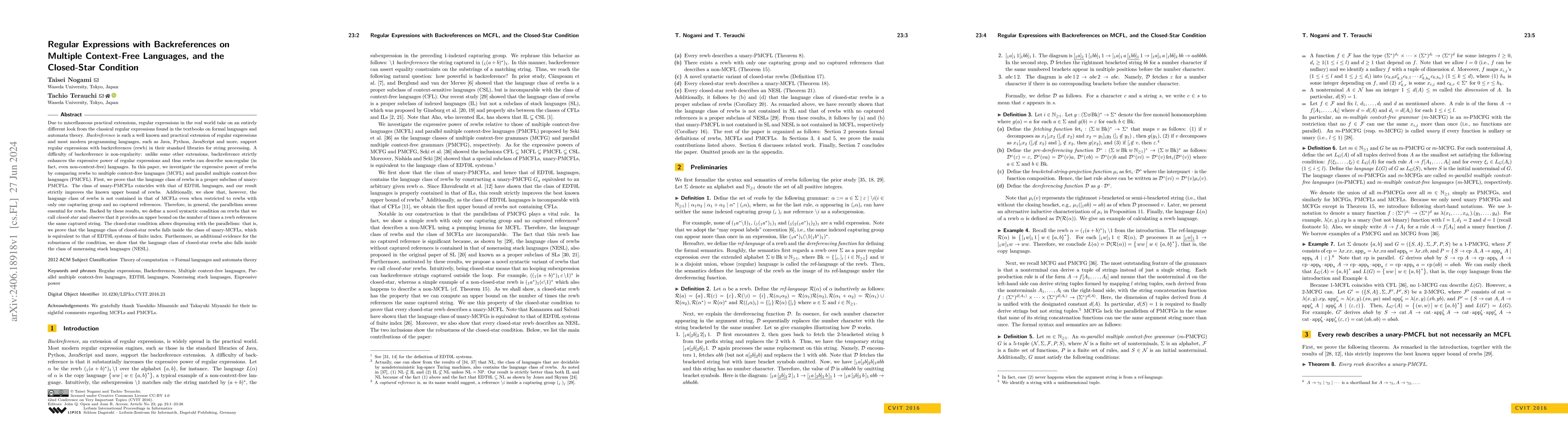 Thumbnail for Regular Expressions with Backreferences on Multiple Context-Free
  Languages, and the Closed-Star Condition