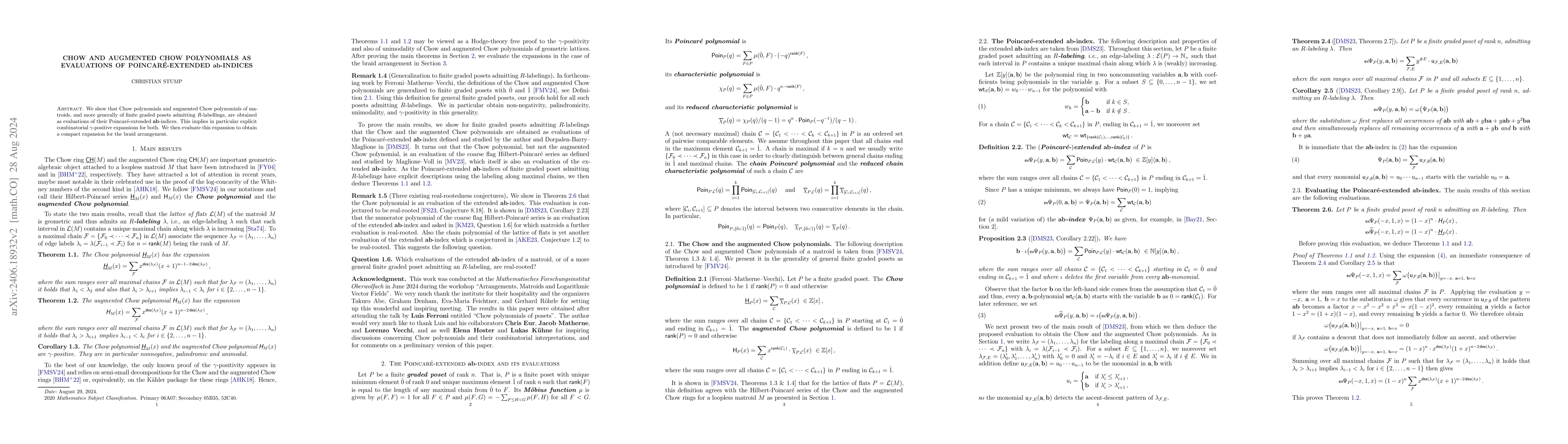 Thumbnail for Chow and augmented Chow polynomials as evaluations of
  Poincar\'e-extended ab-indices
