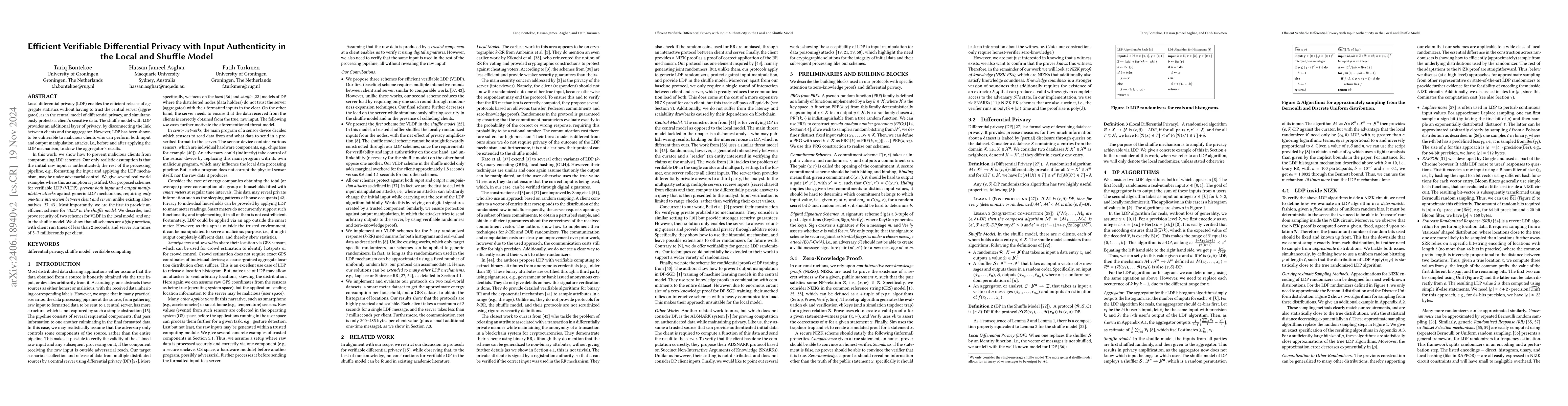 Thumbnail for Efficient Verifiable Differential Privacy with Input Authenticity in the
  Local and Shuffle Model