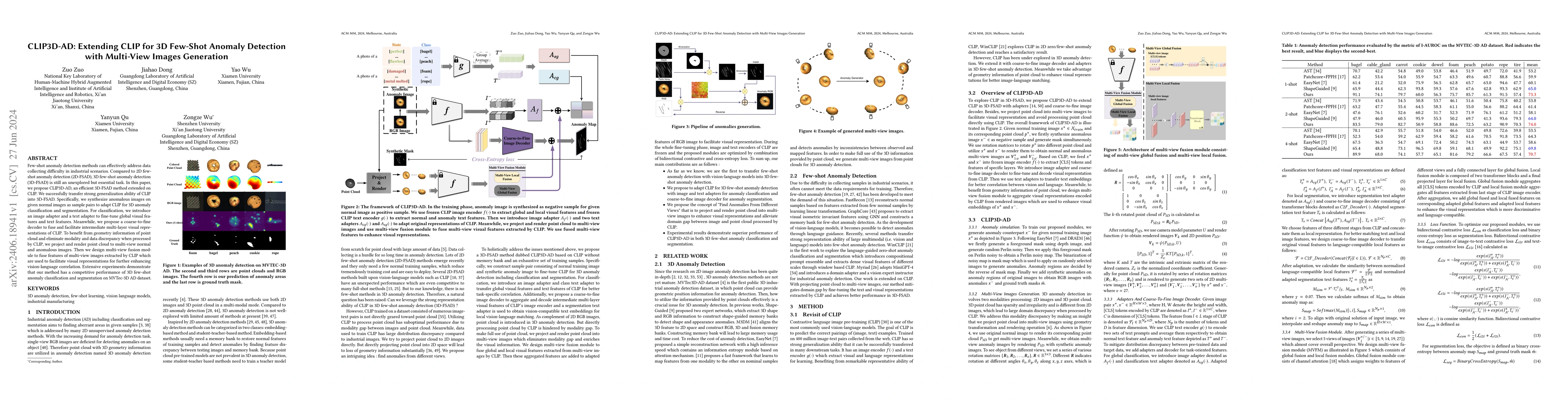 Thumbnail for CLIP3D-AD: Extending CLIP for 3D Few-Shot Anomaly Detection with
  Multi-View Images Generation