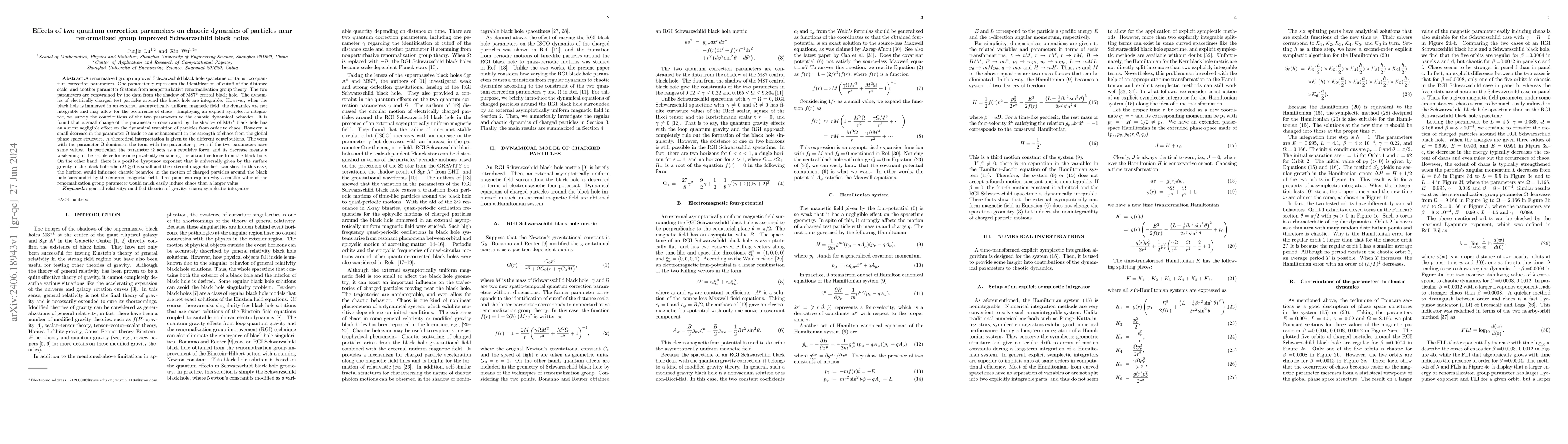 Thumbnail for Effects of Two Quantum Correction Parameters on Chaotic Dynamics of
  Particles Near Renormalized Group Improved Schwarzschild Black Holes
