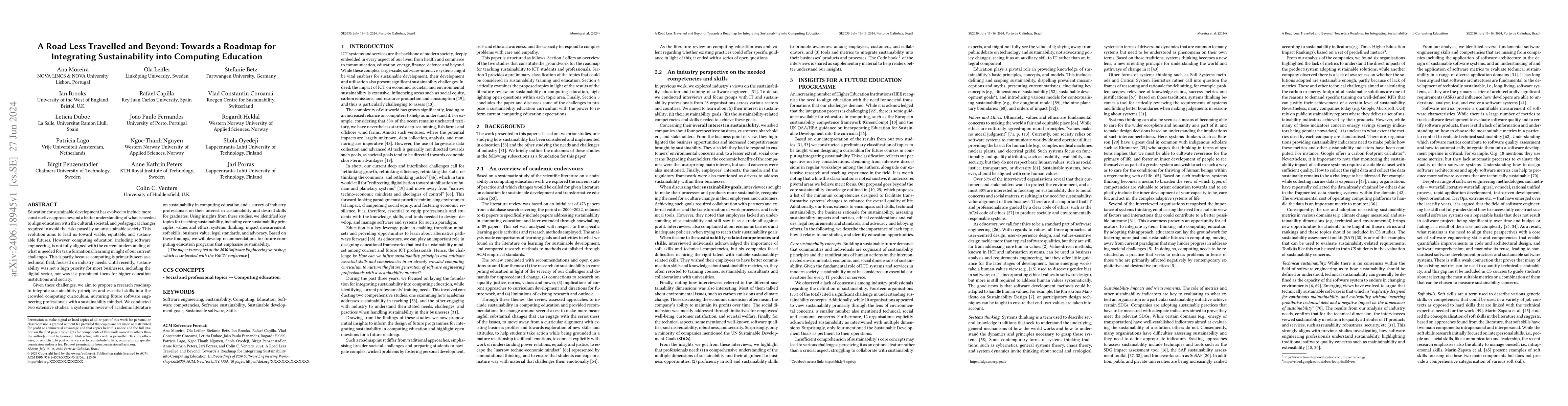Thumbnail for A Road Less Travelled and Beyond: Towards a Roadmap for Integrating
  Sustainability into Computing Education