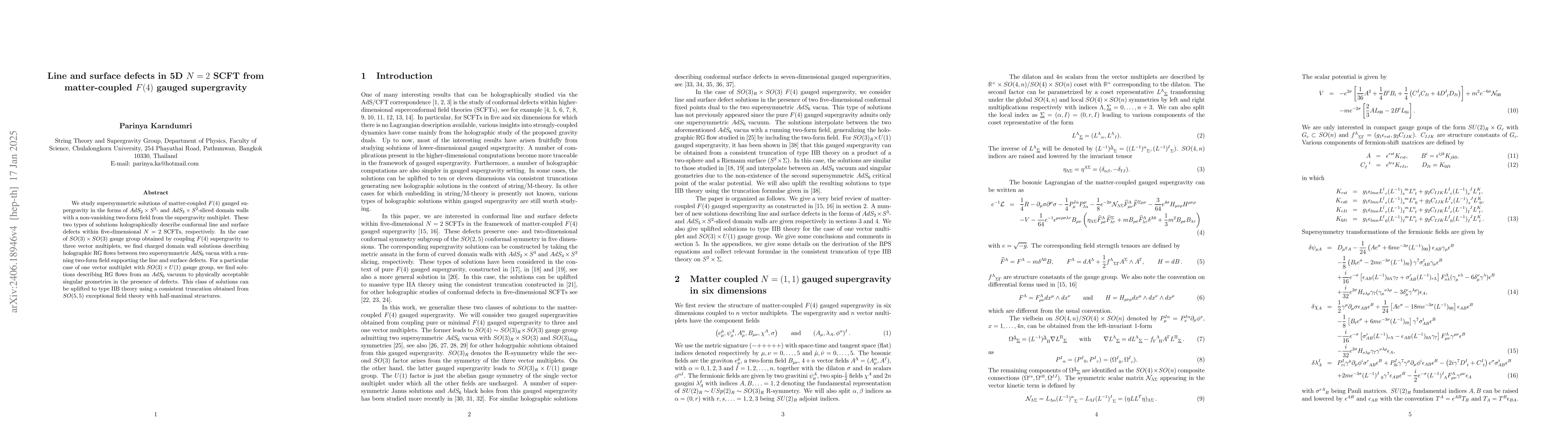 Thumbnail for Line and surface defects in 5D N=2 SCFT from matter-coupled F(4) gauged
  supergravity