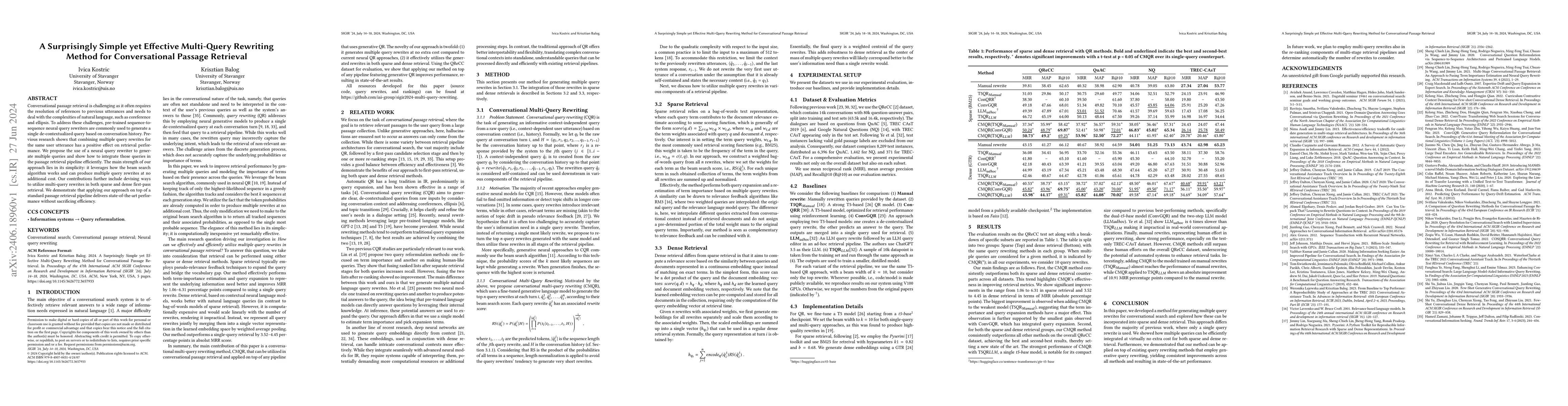 Thumbnail for A Surprisingly Simple yet Effective Multi-Query Rewriting Method for
  Conversational Passage Retrieval