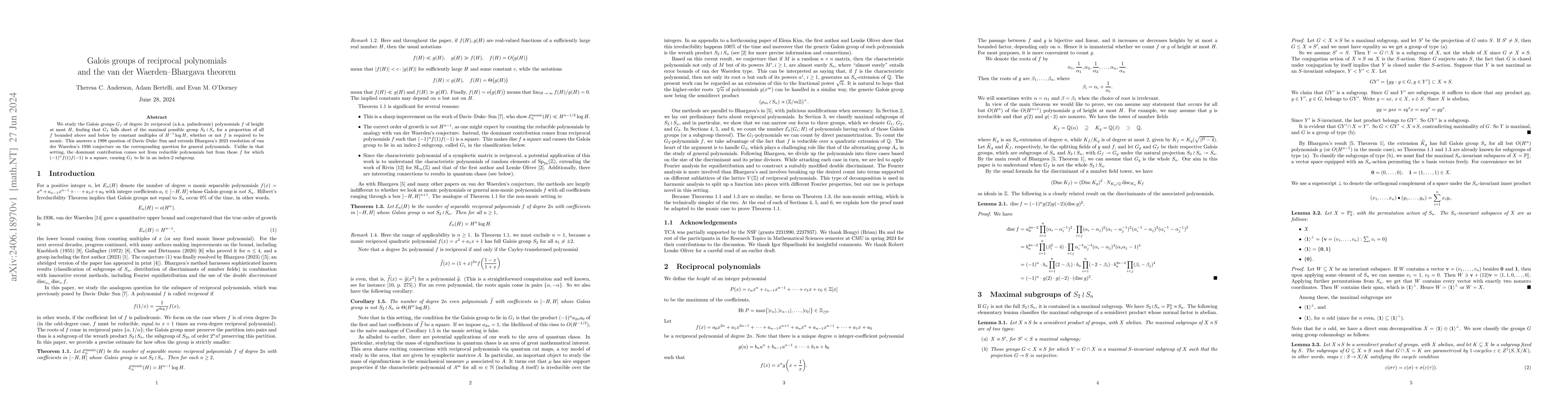 Thumbnail for Galois groups of reciprocal polynomials and the van der Waerden-Bhargava
  theorem