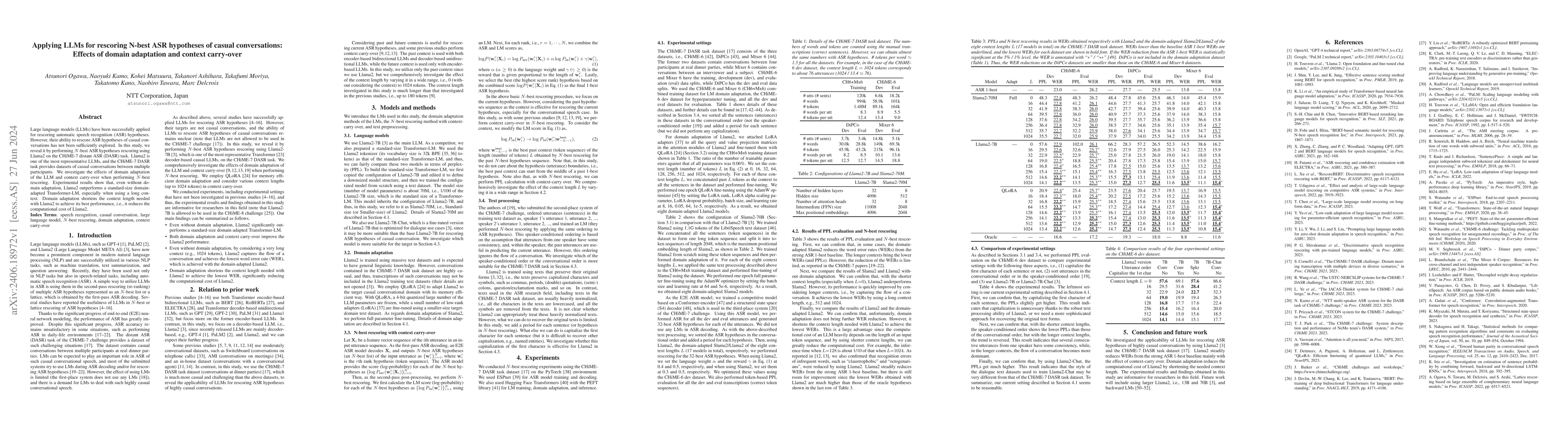 Thumbnail for Applying LLMs for Rescoring N-best ASR Hypotheses of Casual
  Conversations: Effects of Domain Adaptation and Context Carry-over