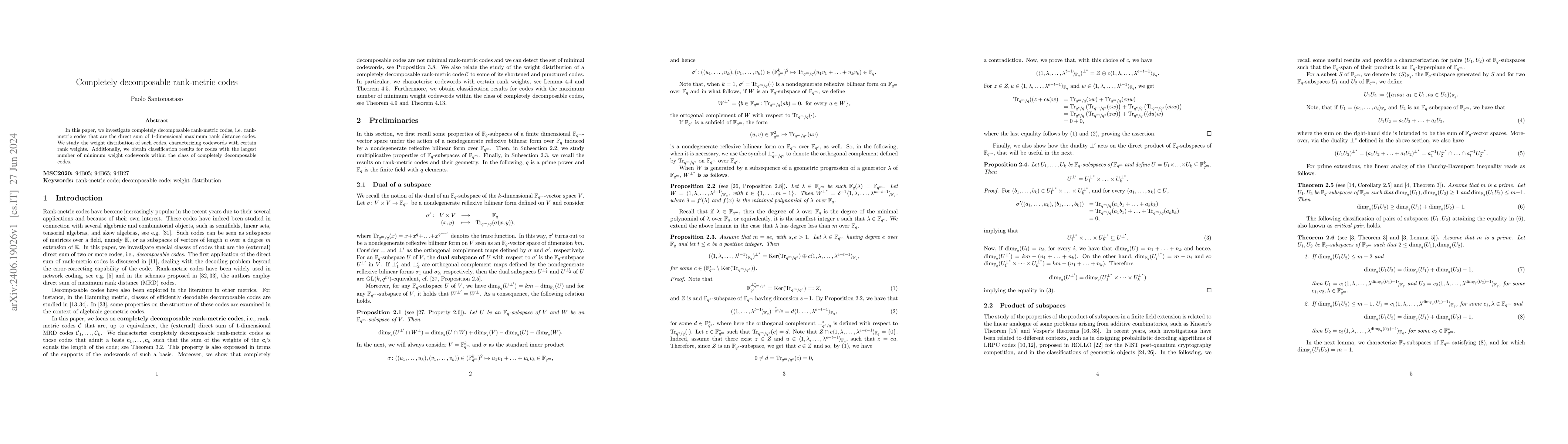Thumbnail for Completely decomposable rank-metric codes