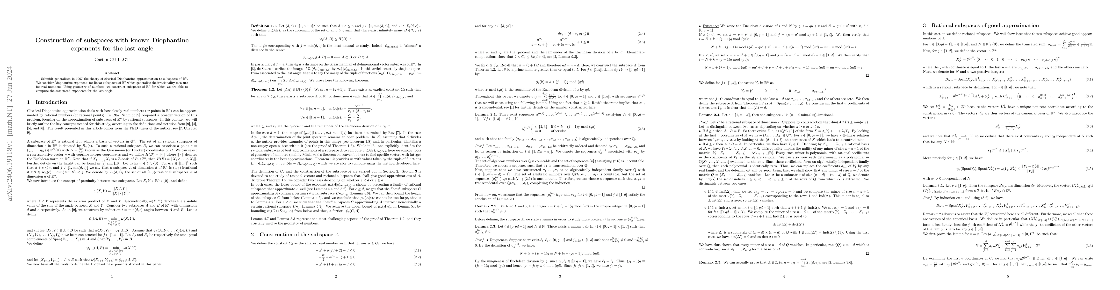 Thumbnail for Construction of subspaces with known Diophantine exponents for the last
  angle