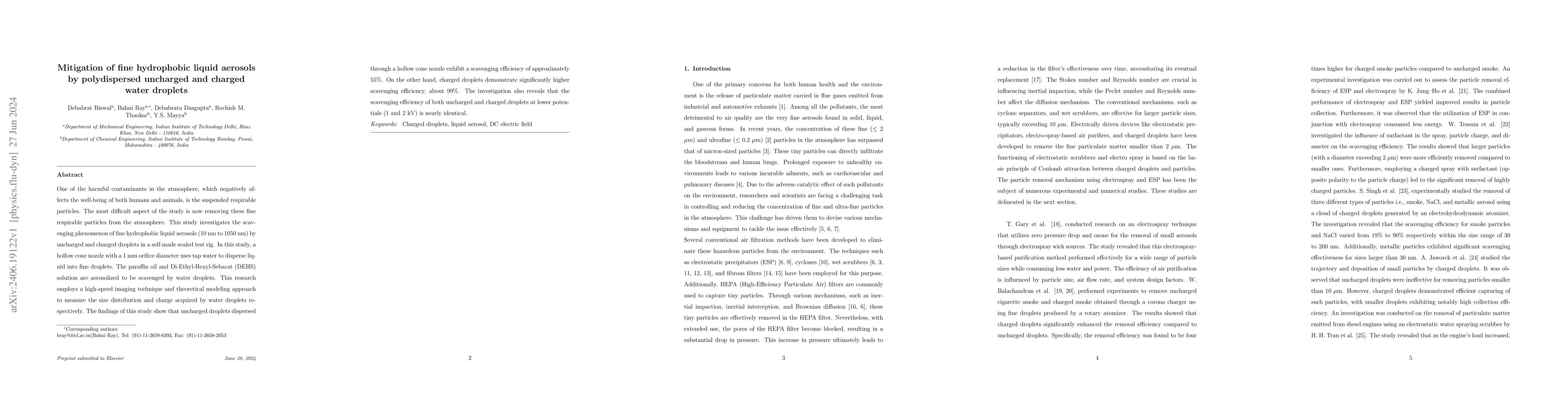 Thumbnail for Mitigation of fine hydrophobic liquid aerosols by polydispersed
  uncharged and charged water droplets