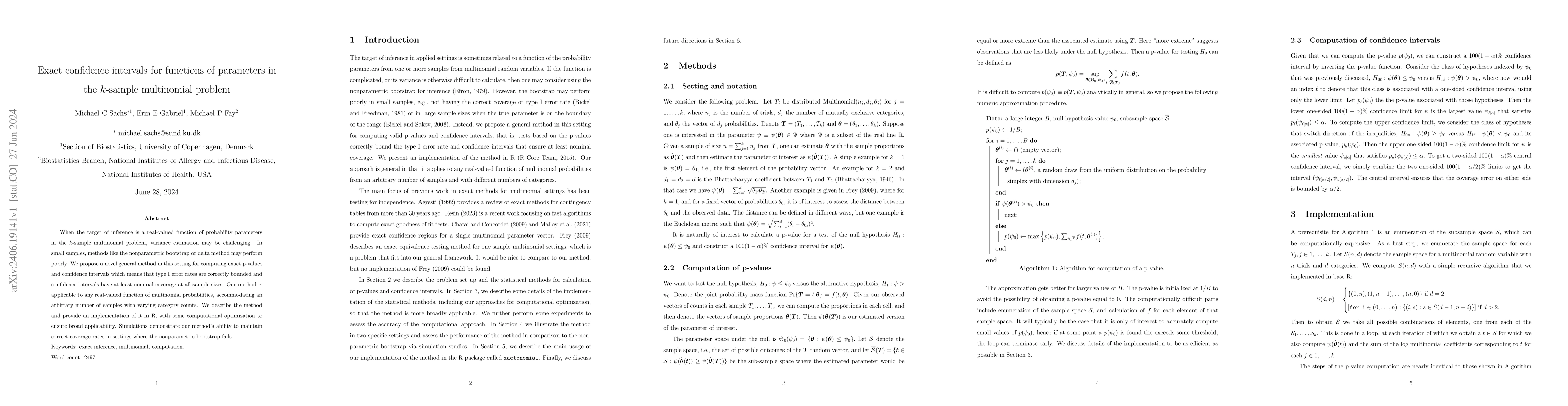 Thumbnail for Exact confidence intervals for functions of parameters in the k-sample
  multinomial problem