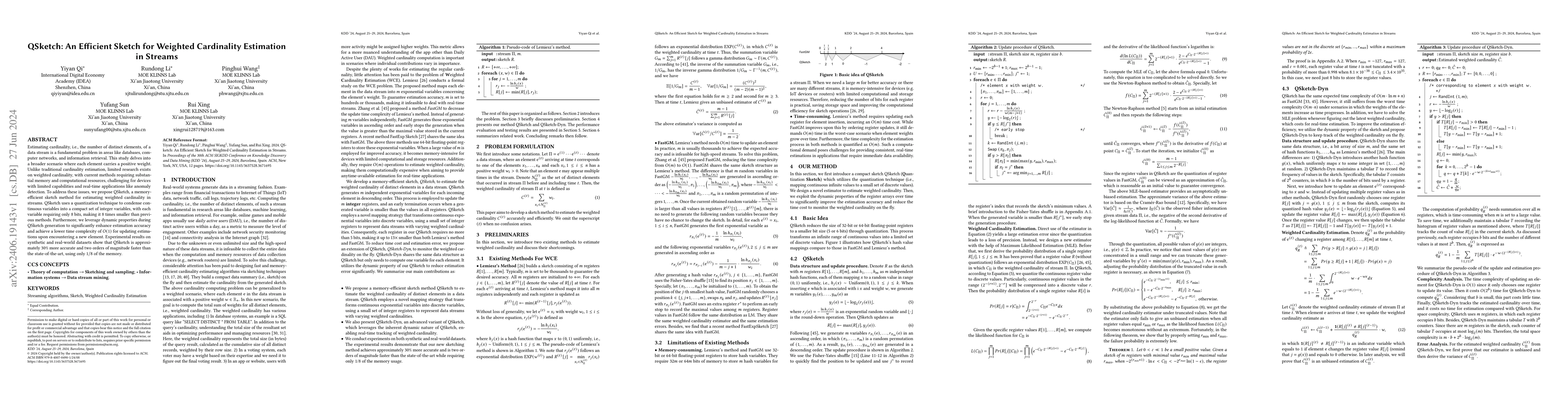 Thumbnail for QSketch: An Efficient Sketch for Weighted Cardinality Estimation in
  Streams