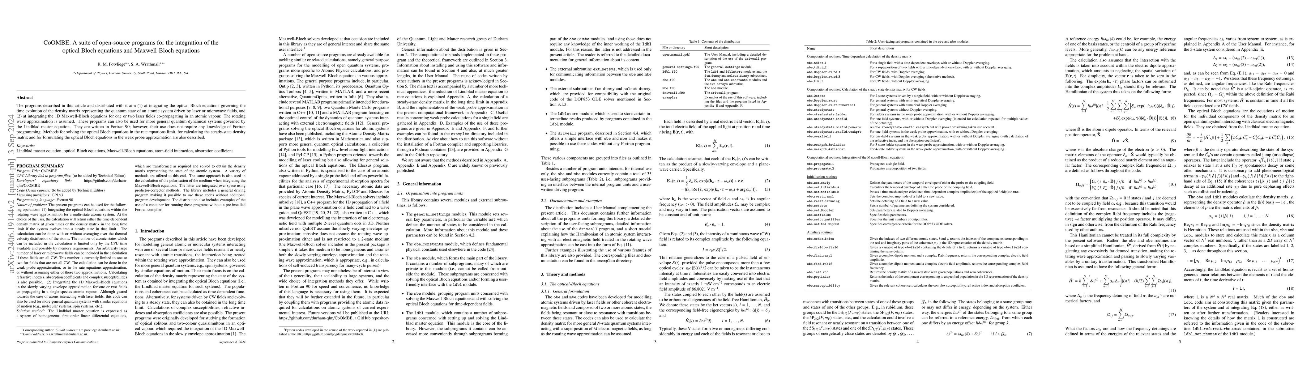Thumbnail for CoOMBE: A suite of open-source programs for the integration of the
  optical Bloch equations and Maxwell-Bloch equations