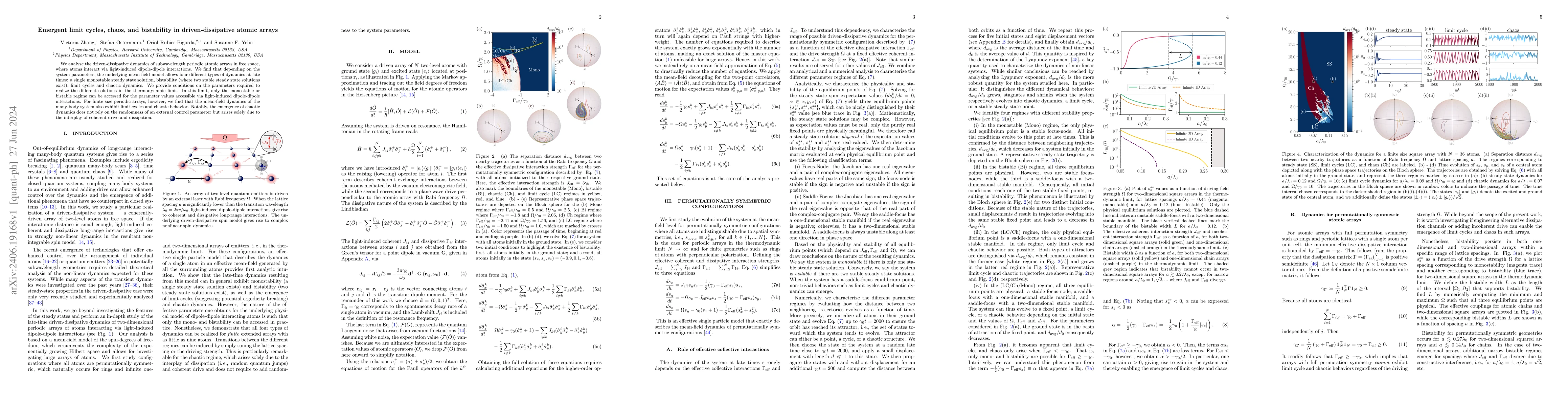Thumbnail for Emergent limit cycles, chaos, and bistability in driven-dissipative
  atomic arrays