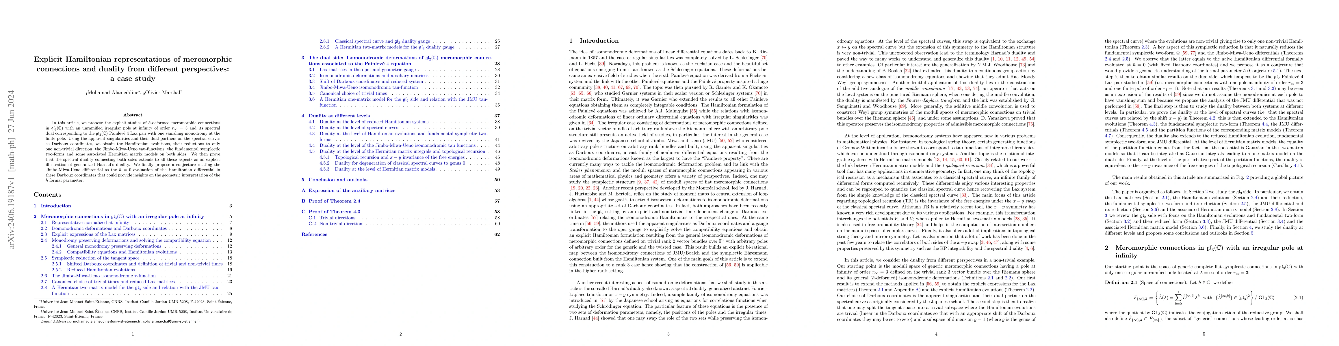 Thumbnail for Explicit Hamiltonian representations of meromorphic connections and
  duality from different perspectives: a case study