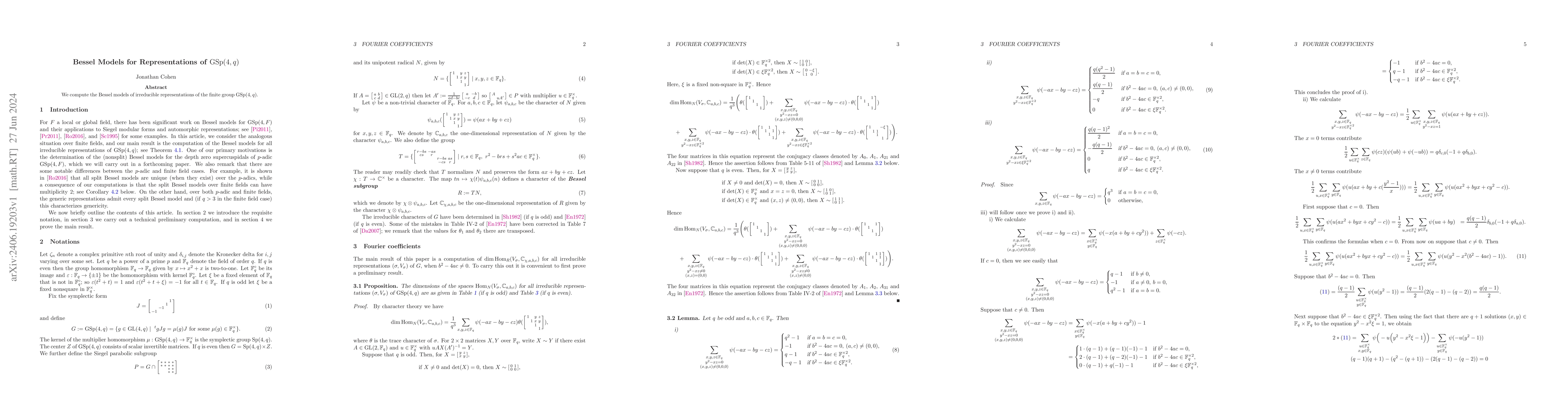 Thumbnail for Bessel Models for Representations of $GSp(4, q)$