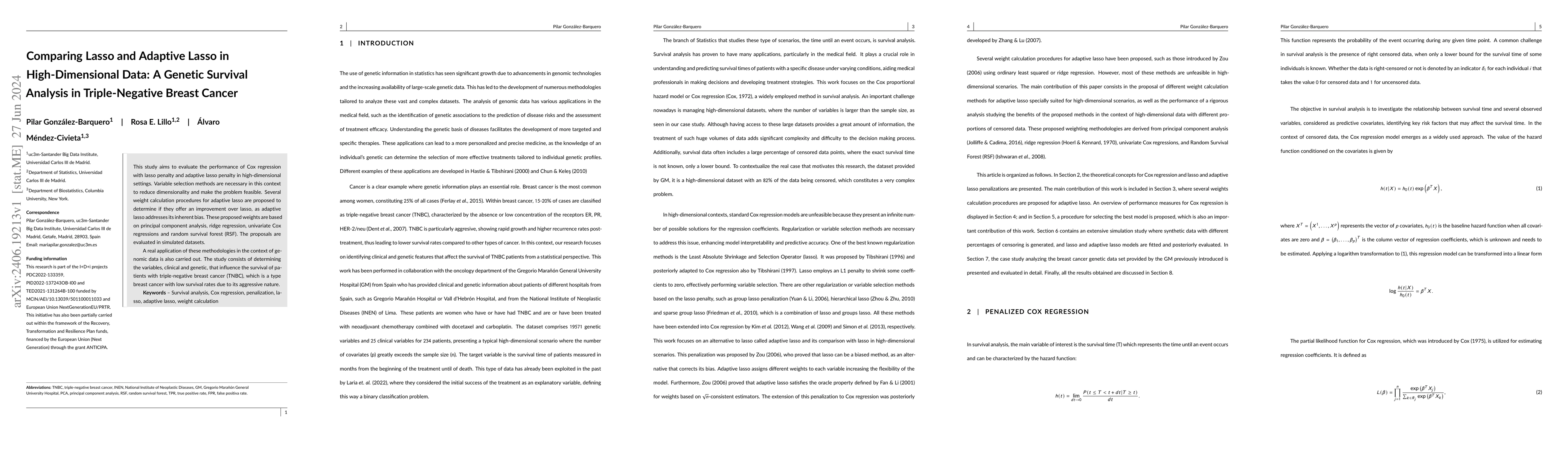 Thumbnail for Comparing Lasso and Adaptive Lasso in High-Dimensional Data: A Genetic
  Survival Analysis in Triple-Negative Breast Cancer