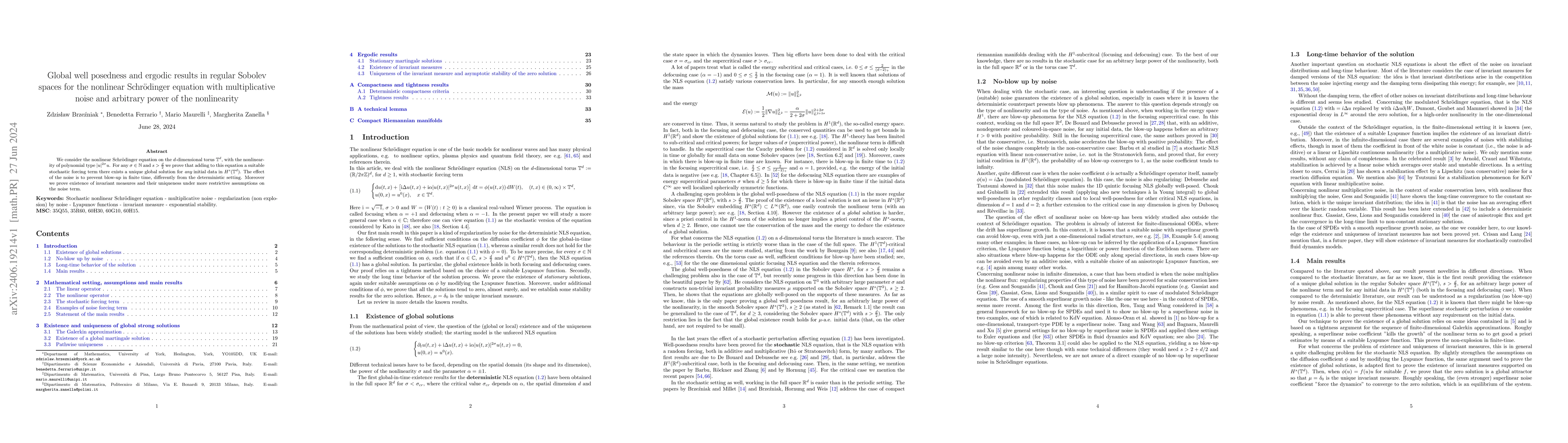Thumbnail for Global well posedness and ergodic results in regular Sobolev spaces for
  the nonlinear Schr\"odinger equation with multiplicative noise and arbitrary
  power of the nonlinearity