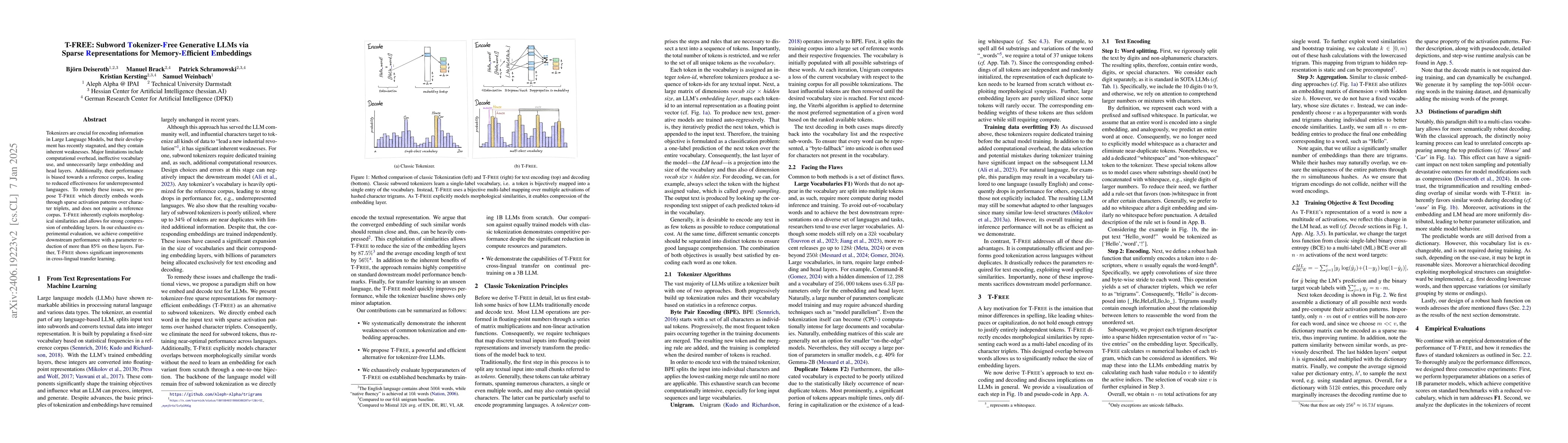 Thumbnail for T-FREE: Tokenizer-Free Generative LLMs via Sparse Representations for
  Memory-Efficient Embeddings