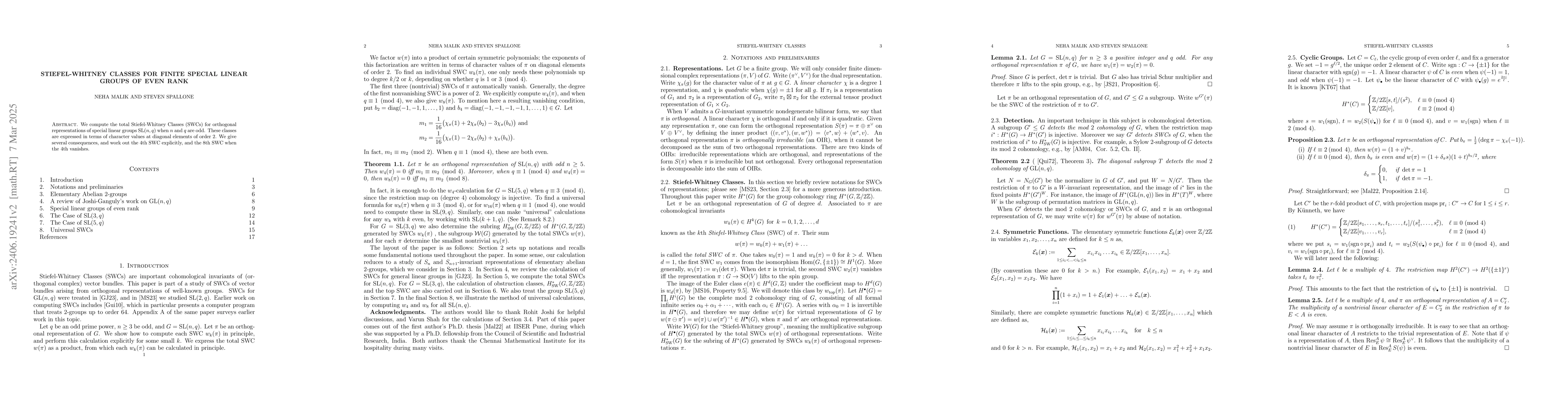 Thumbnail for Stiefel-Whitney Classes for Finite Special Linear Groups of Even Rank