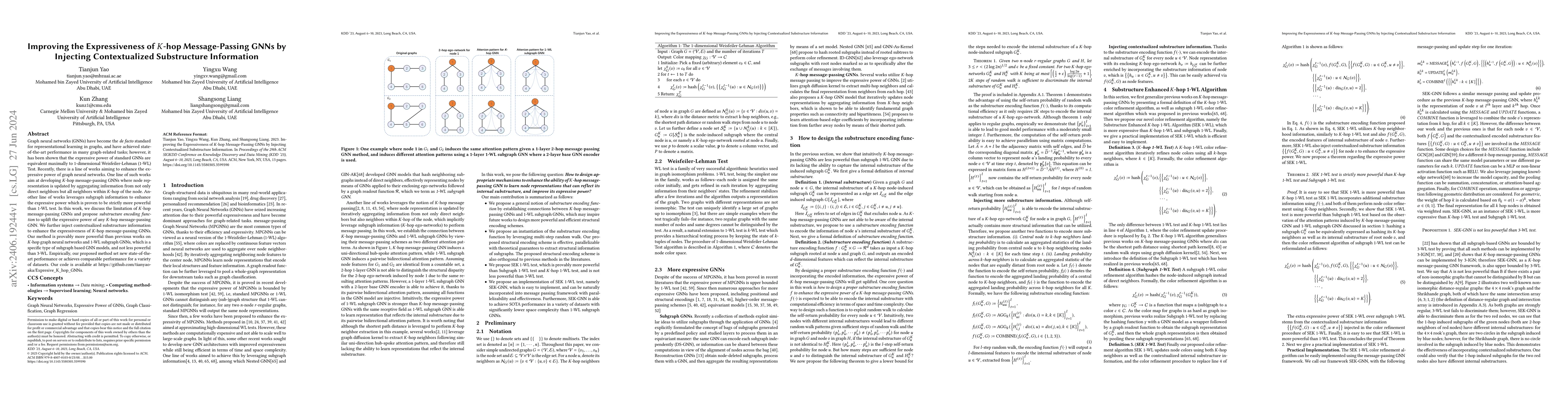 Thumbnail for Improving the Expressiveness of $K$-hop Message-Passing GNNs by
  Injecting Contextualized Substructure Information