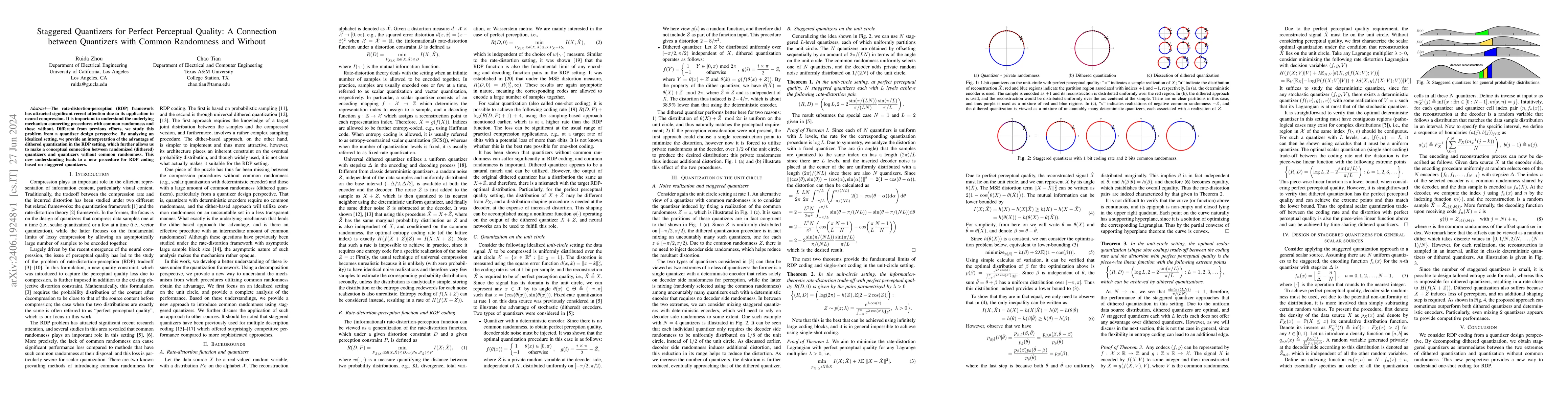 Thumbnail for Staggered Quantizers for Perfect Perceptual Quality: A Connection
  between Quantizers with Common Randomness and Without