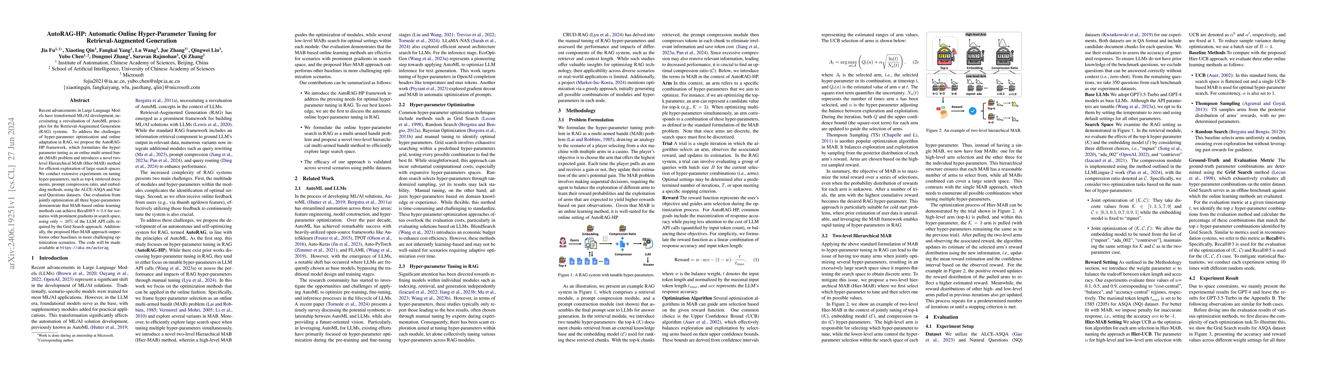 Thumbnail for AutoRAG-HP: Automatic Online Hyper-Parameter Tuning for
  Retrieval-Augmented Generation