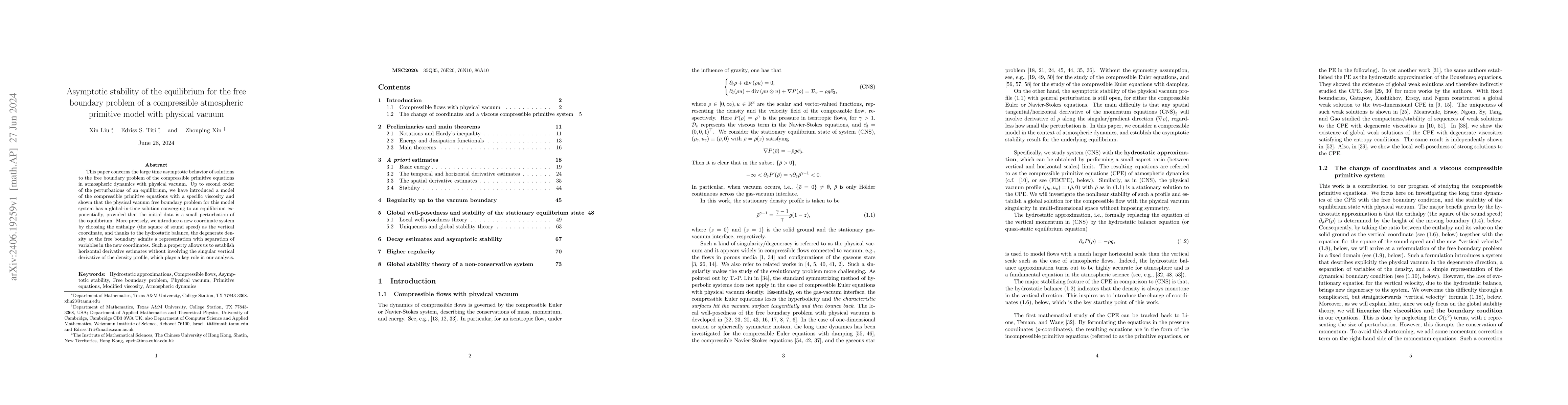 Thumbnail for Asymptotic stability of the equilibrium for the free boundary problem of
  a compressible atmospheric primitive model with physical vacuum
