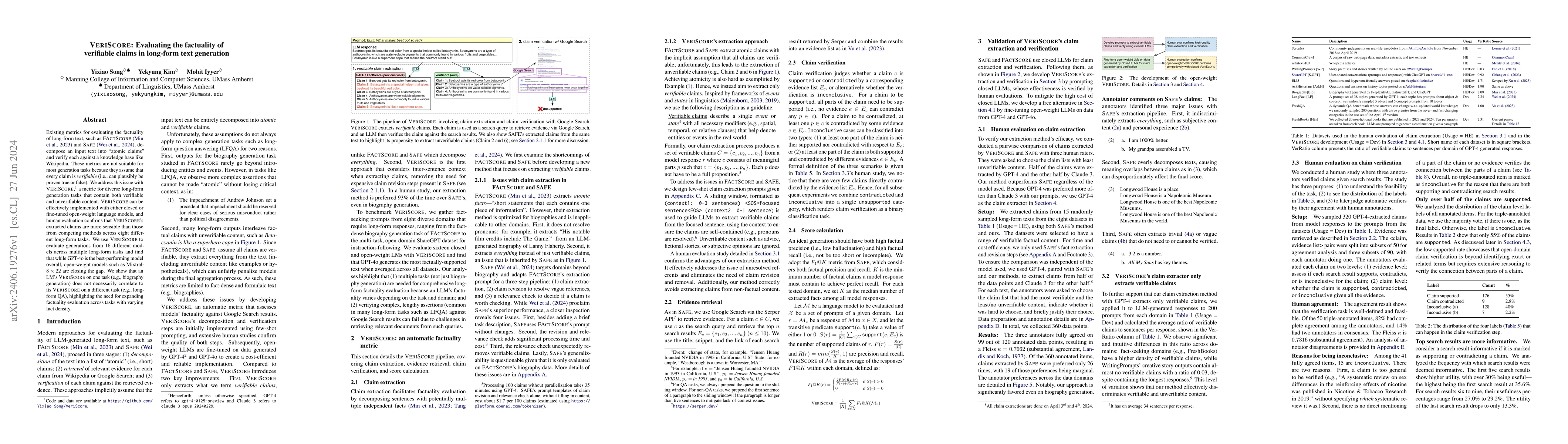 Thumbnail for VERISCORE: Evaluating the factuality of verifiable claims in long-form
  text generation